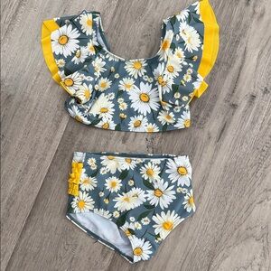 Girls Daisy Ruffle Two-Piece Swim Set - Yellow & Green